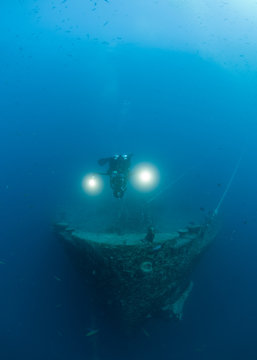 Scuba diver exploring Shipwreck SS Thistlegorm