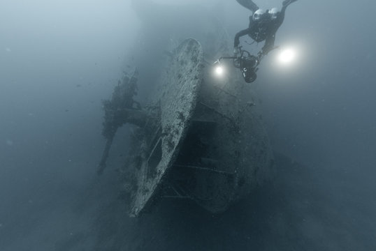 Scuba diver above the Stern of the SS Thistlegorm