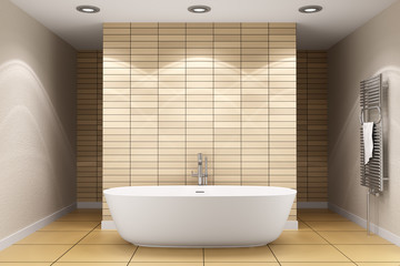 modern bathroom with beige tiles on wall and floor