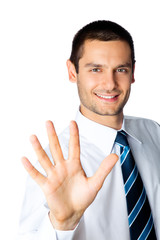 Happy businessman showing five fingers, isolated on white