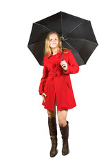 Girl in red coat with umbrella