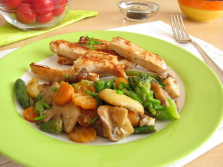 Pilz-Gemüse-Pfanne mit Hähnchenfleischstreifen