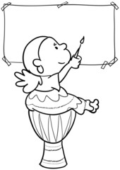 Bambina che dipinge seduta su tamburo africano. Bn