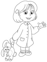 Bambina con coniglio di peluche. Bn