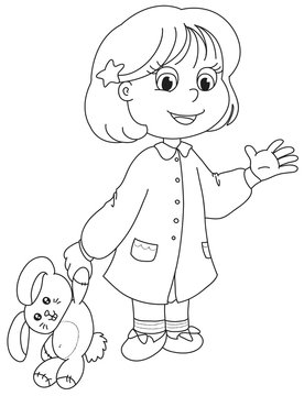 Bambina con coniglio di peluche. Bn