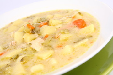 Pickled cucumber soup, traditional Polish cuisine, in close up