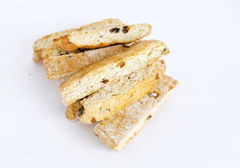 cookies (biskotti) with raisins and almonds on white