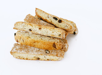 cookies (biskotti) with raisins and almonds on white