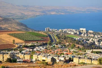 Poster Israeli landscape with Tiberius city and the sea of Galilee ( Lake Kinneret). © voddol