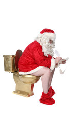Santa sitting on golden toilet writing his naughty and nice list