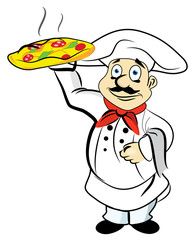 cook in red tie with pizza
