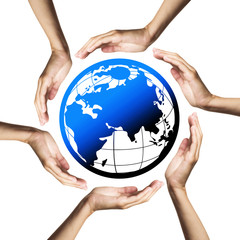 Blue planet (Earth) surrounded by hands