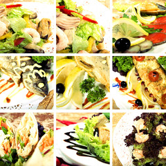 Collage of dishes with seafood and vegetables