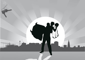 wedding couple silhouette in city