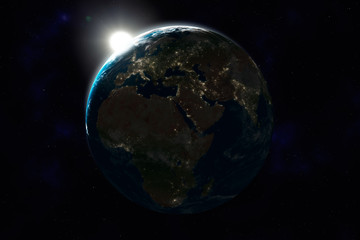 Nachtseite der Erde, Europa, Afrika, Asien, mit Lichtern