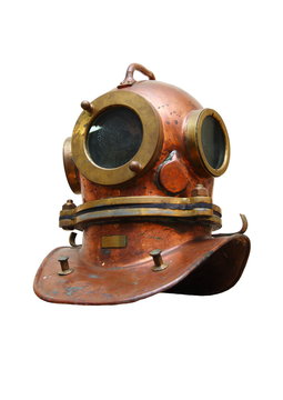 An isolated diver's copper helmet on a white background