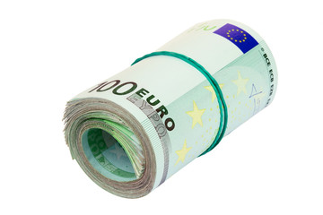 Roll of hundred euro isolated on white