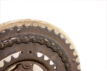 Rusty bicycle gear chain macro with copyspace