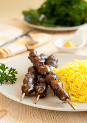 Grilled chicken hearts with turmeric rice