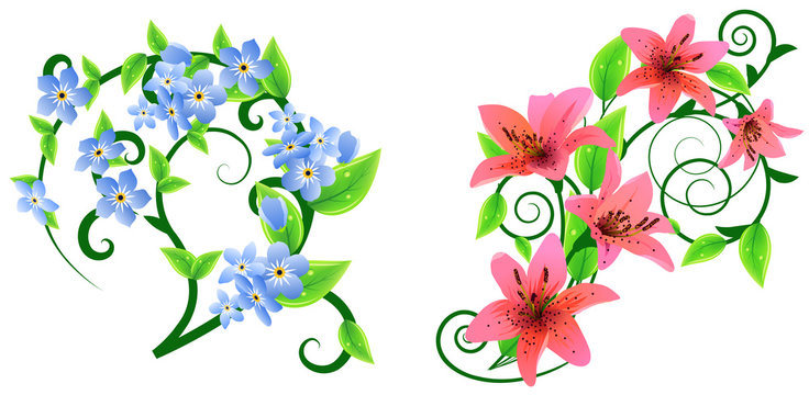 Two design elements with fresh leaves and flowers