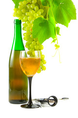 Bottle of wine, glass and grapes