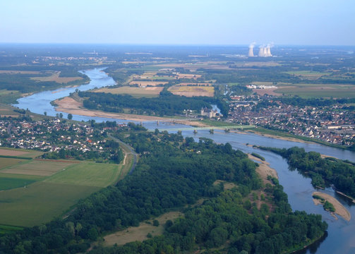Aerial view of Loire river at Sully sur Loire, France