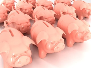 many piggy banks on white background