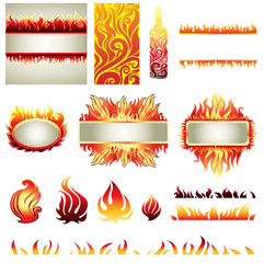 Vector set of fire design elemets (frame, icons, backgrounds)