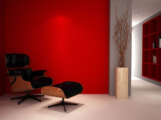 A modern classic chair in a luxury red study