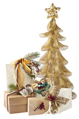 Golden Christmas tree and gifts
