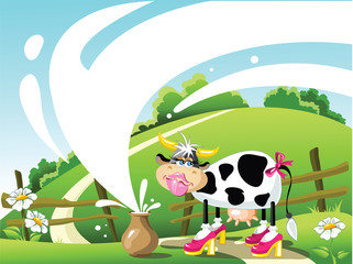 milk a cow, a summer landscape. vector illustration