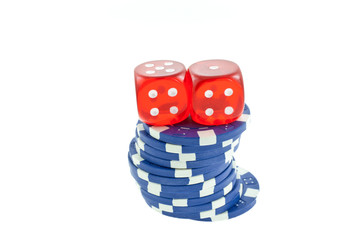 blue poker chips and red dice cubes