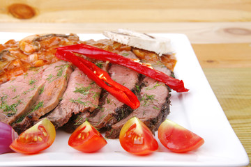 beef on plate over wood