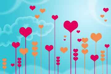 Plakat Background with hearts and bubbles on sky
