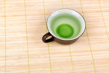 a cup of tea on bamboo tray