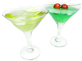 two alcohol liqueur cocktails with cherry