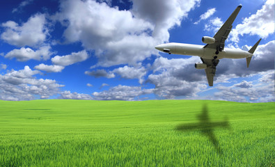 Fototapeta na wymiar Samolot latający nad zielonym polu