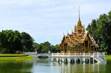 Bang Pa-In Aisawan, artificial lake with bridge and temple in Th