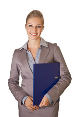 Caucasian blond businesswoman in suit holding ring binder on whi