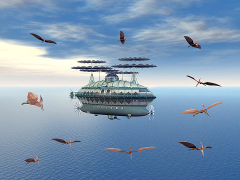 Fantasy Airship with flying Dinosaurs