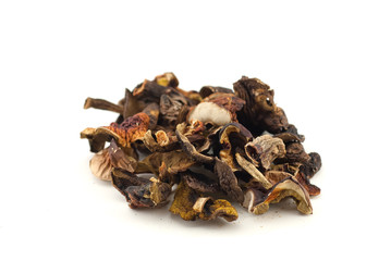 isolated heap of dry mushrooms on white background