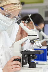 Female Scientific Research Team & Microscopes in a Laboratory