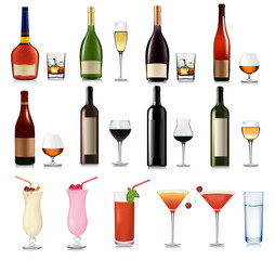 Set of different drinks and cocktails. Vector illustration.