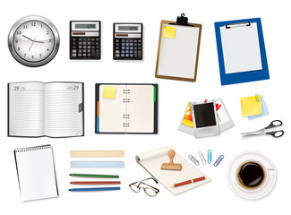 A clock, calculator and some office supplies. Vector.