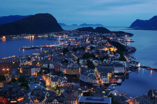 The Norwegian coastal town of Aalesund at night