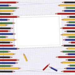 School card with paper and pencils on the abstract background