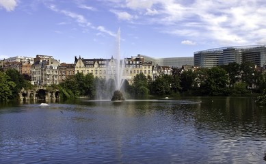 Lake with fountain, european comission in background
