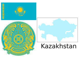 Kazakhstan flag national emblem map - obrazy, fototapety, plakaty