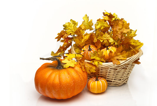 Pumpkins in a wicker basket containing fall leaves.
