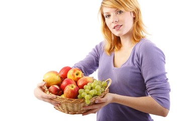 beautiful woman with a fruit basket (white background)